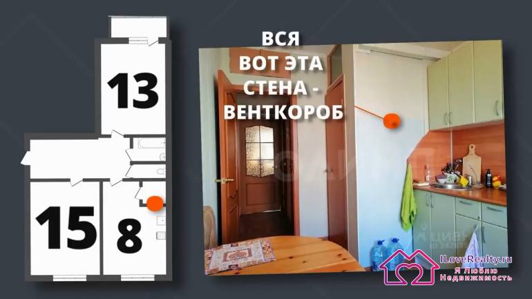 Венткороб расположен он, почему-то, вот таким образом на кухне. А венткороб, по большому счету - посередине кухни.